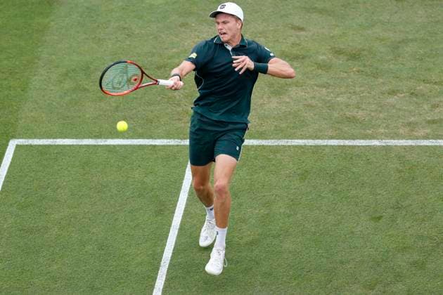 25th June 2025; Devonshire Park, Eastbourne, East Sussex, England; Lexus International Eastbourne, Day 3; Jenson Brooksby (USA) plays a forehand shot against Nuno Rorges (POR)  ActionPlus12805449 HongboxChen