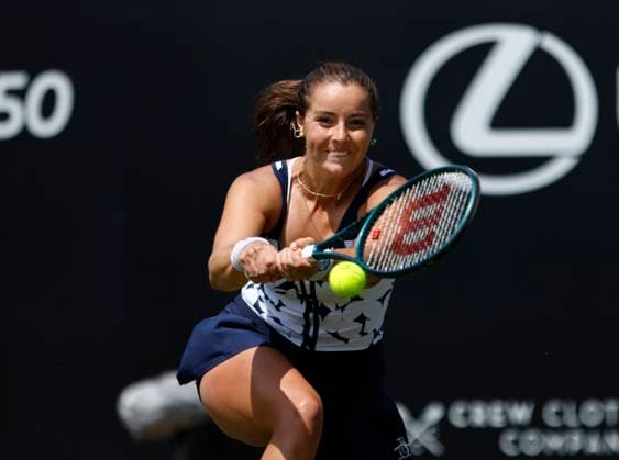 25th June 2025; Devonshire Park, Eastbourne, East Sussex, England; Lexus International Eastbourne, Day 3; Jodie Burrage (GBR) plays a backhand shot against Barbora Krejcikova (CZE)  ActionPlus12805453 HongboxChen