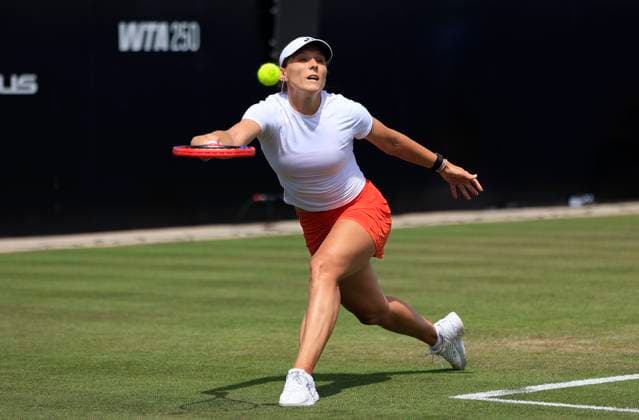 25th June 2025; Devonshire Park, Eastbourne, East Sussex, England; Lexus International Eastbourne, Day 3; Varvara Gracheva (FRA) plays a forehand shot against Rebecca Srankova (SVK)  ActionPlus12805382 HongboxChen