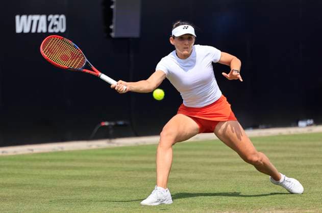 25th June 2025; Devonshire Park, Eastbourne, East Sussex, England; Lexus International Eastbourne, Day 3; Varvara Gracheva (FRA) plays a forehand shot against Rebecca Srankova (SVK)  ActionPlus12805384 HongboxChen
