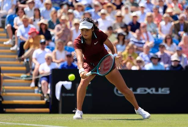 25th June 2025; Devonshire Park, Eastbourne, East Sussex, England; Lexus International Eastbourne, Day 3; Emma Raducanu (GBR) plays a backhand shot against Maya Joint (AUS)  ActionPlus12805391 HongboxChen