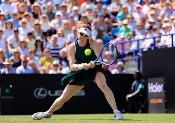 25th June 2025; Devonshire Park, Eastbourne, East Sussex, England; Lexus International Eastbourne, Day 3; Maya Joint (AUS) plays a backhand shot against Emma Raducanu (GBR)  ActionPlus12805396 HongboxChen