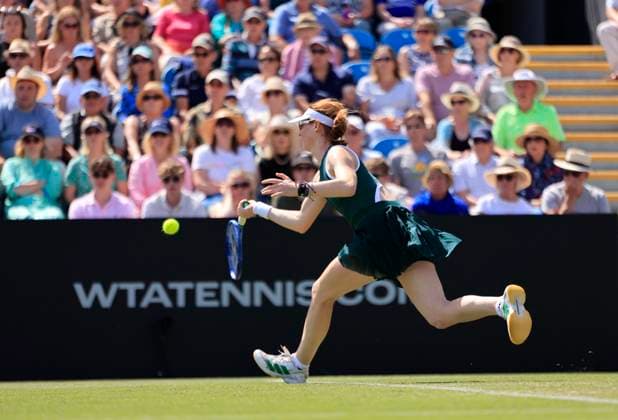 25th June 2025; Devonshire Park, Eastbourne, East Sussex, England; Lexus International Eastbourne, Day 3; Maya Joint (AUS) plays a forehand shot against Emma Raducanu (GBR)  ActionPlus12805397 HongboxChen