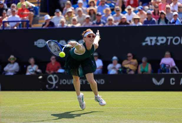 25th June 2025; Devonshire Park, Eastbourne, East Sussex, England; Lexus International Eastbourne, Day 3; Maya Joint (AUS) plays a forehand shot against Emma Raducanu (GBR)  ActionPlus12805416 HongboxChen