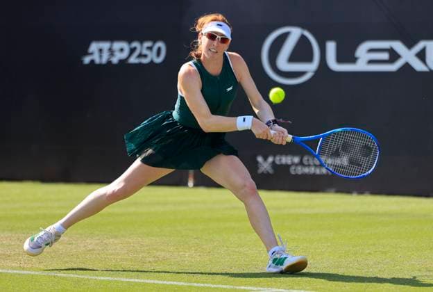 25th June 2025; Devonshire Park, Eastbourne, East Sussex, England; Lexus International Eastbourne, Day 3; Maya Joint (AUS) plays a backhand shot against Emma Raducanu (GBR)  ActionPlus12805422 HongboxChen