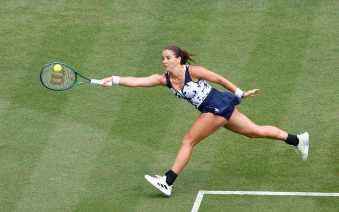 25th June 2025; Devonshire Park, Eastbourne, East Sussex, England; Lexus International Eastbourne, Day 3; Jodie Burrage (GBR) plays a forehand shot against Barbora Krejcikova (CZE)  ActionPlus12805431 HongboxChen
