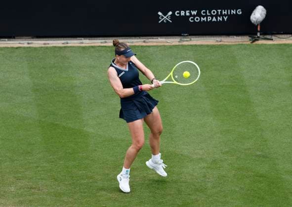 25th June 2025; Devonshire Park, Eastbourne, East Sussex, England; Lexus International Eastbourne, Day 3; Barbora Krejcikova (CZE) plays a backhand shot against Jodie Burrage (GBR)  ActionPlus12805436 HongboxChen