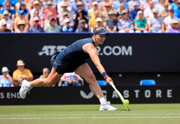 25th June 2025; Devonshire Park, Eastbourne, East Sussex, England; Lexus International Eastbourne, Day 3; Barbora Krejcikova (CZE) plays a forehand shot against Jodie Burrage (GBR)  ActionPlus12805365 HongboxChen