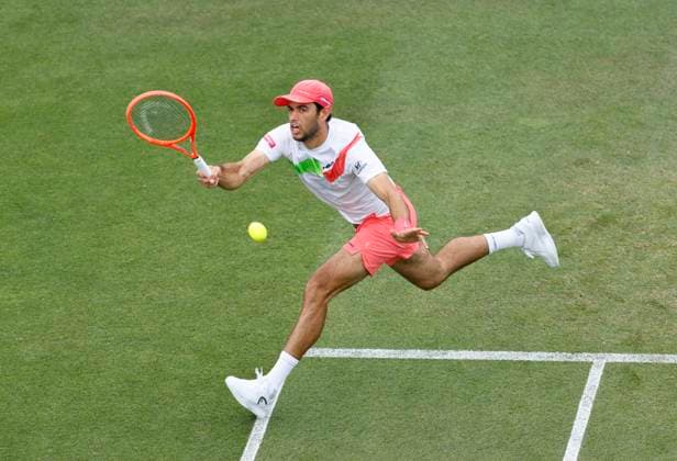 25th June 2025; Devonshire Park, Eastbourne, East Sussex, England; Lexus International Eastbourne, Day 3; Nuno Rorges (POR) plays a forehand shot against Jenson Brooksby (USA)  ActionPlus12805441 HongboxChen