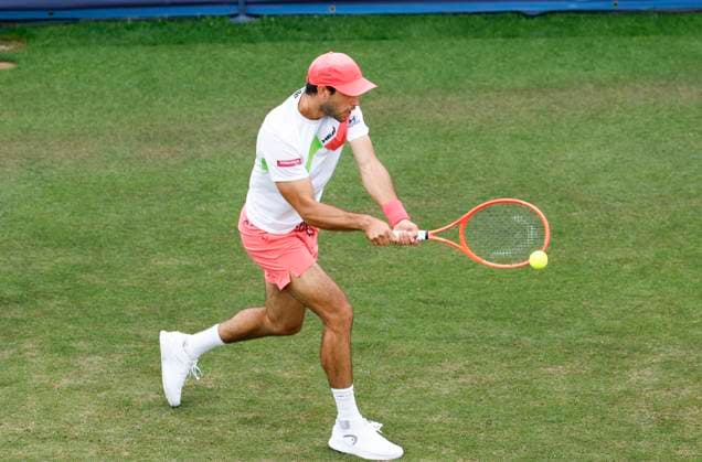 25th June 2025; Devonshire Park, Eastbourne, East Sussex, England; Lexus International Eastbourne, Day 3; Nuno Rorges (POR) plays a backhand shot against Jenson Brooksby (USA)  ActionPlus12805442 HongboxChen