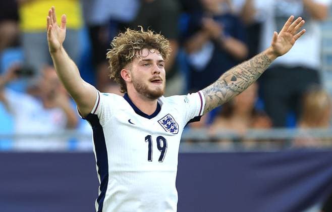 Harvey Elliott of England Under 21 celebrates scoring a goal to make the score 1-0 England U21, U 21 v Netherlands U21, UEFA U21 Championship, Semi-Final, National Football Stadium, Bratislava, Slovakia - 25 Jun 2025Bratislava National Football Stadium Slovakia  Copyright: xNikolaxKrstic Shutterstockx 15373680co