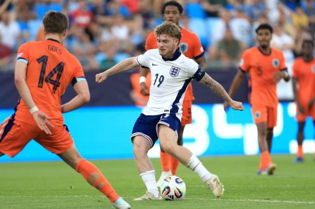 Harvey Elliott of England Under 21 scores a goal to make the score 2-1 England U21, U 21 v Netherlands U21, UEFA U21 Championship, Semi-Final, National Football Stadium, Bratislava, Slovakia - 25 Jun 2025Bratislava National Football Stadium Slovakia  Copyright: xNikolaxKrstic Shutterstockx 15373680dr