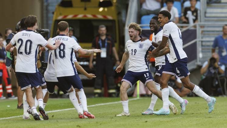 BRATISLAVA , 25-06-2025 , Football stadium Tehelne pole. Narodny football stadium , UEFA U21, U 21 Euro2025 , semi-finals , England U21 - Netherlands U21. England U21 player Harvey Elliott celebrates after scoring the goal 2-1 England U21 - Netherlands U21  x29893733x Copyright: