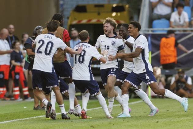 BRATISLAVA , 25-06-2025 , Football stadium Tehelne pole. Narodny football stadium , UEFA U21, U 21 Euro2025 , semi-finals , England U21 - Netherlands U21. England U21 player Harvey Elliott celebrates after scoring the goal 2-1 England U21 - Netherlands U21  x29893740x Copyright: