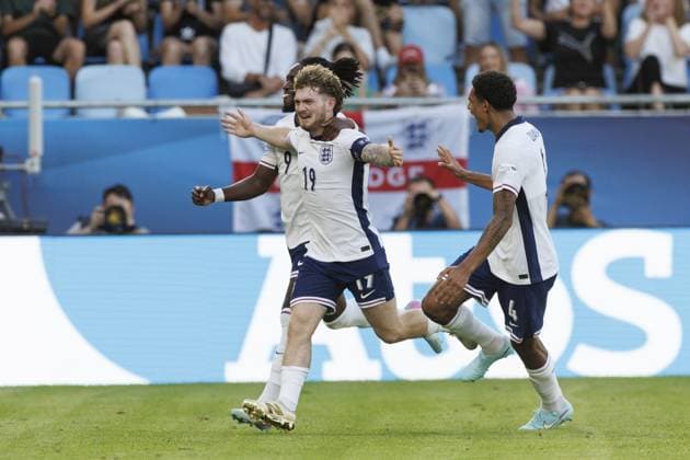 BRATISLAVA , 25-06-2025 , Football stadium Tehelne pole. Narodny football stadium , UEFA U21, U 21 Euro2025 , semi-finals , England U21 - Netherlands U21. England U21 player Harvey Elliott celebrates after scoring the goal 2-1 England U21 - Netherlands U21  x29893752x Copyright: