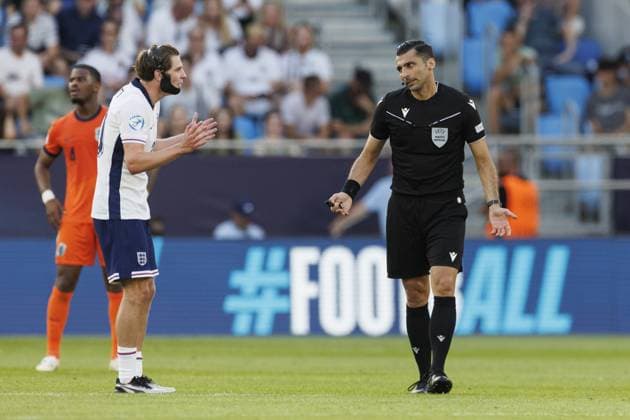 BRATISLAVA , 25-06-2025 , Football stadium Tehelne pole. Narodny football stadium , UEFA U21, U 21 Euro2025 , semi-finals , England U21 - Netherlands U21. referee Vassilis Fotias (GRE) England U21 - Netherlands U21  x29893754x Copyright:
