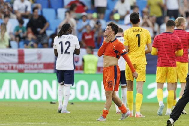 BRATISLAVA , 25-06-2025 , Football stadium Tehelne pole. Narodny football stadium , UEFA U21, U 21 Euro2025 , semi-finals , England U21 - Netherlands U21. Netherlands U21 player Thom Van Bergen disappointed after loss 2-1 England U21 - Netherlands U21  x29893790x Copyright: