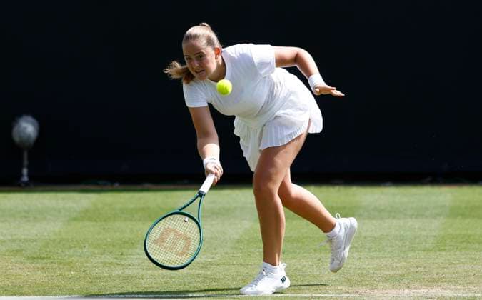 25th June 2025; Devonshire Park, Eastbourne, East Sussex, England; Lexus International Eastbourne, Day 3; Jelena Ostapenko (LAT) plays a forehand shot against Alexandra Eala (PHI)  ActionPlus12805471 HongboxChen