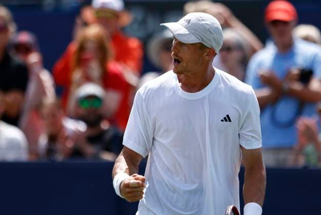 25th June 2025; Devonshire Park, Eastbourne, East Sussex, England; Lexus International Eastbourne, Day 3; Billy Harris (GBR) celebrates his win over Mattia Bellucci (ITA)  ActionPlus12805499 HongboxChen