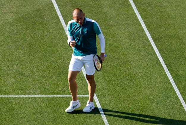25th June 2025; Devonshire Park, Eastbourne, East Sussex, England; Lexus International Eastbourne, Day 3; Daniel Evans (GBR) celebrates a point in the match against Tommy Paul (USA)  ActionPlus12805503 HongboxChen