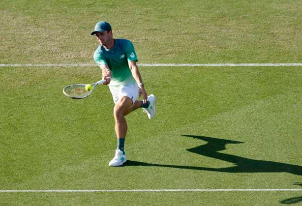 25th June 2025; Devonshire Park, Eastbourne, East Sussex, England; Lexus International Eastbourne, Day 3; Tommy Paul (USA) plays a forehand against Daniel Evans (GBR)  ActionPlus12805504 HongboxChen