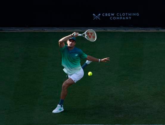 25th June 2025; Devonshire Park, Eastbourne, East Sussex, England; Lexus International Eastbourne, Day 3; Tommy Paul (USA) plays a forehand against Daniel Evans (GBR)  ActionPlus12805505 HongboxChen