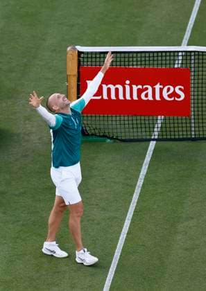 25th June 2025; Devonshire Park, Eastbourne, East Sussex, England; Lexus International Eastbourne, Day 3; Daniel Evans (GBR) celebrates his win over Tommy Paul (USA)  ActionPlus12805513 HongboxChen