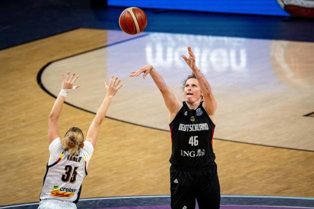 Basketball Piraeus 25 06 2025 FIBA Women™s Eurobasket 2025 Quarterfinals Belgium BEL Germany GER Romy Bär Germany, No 46 Jukie VANLOO Belgium, No 35
