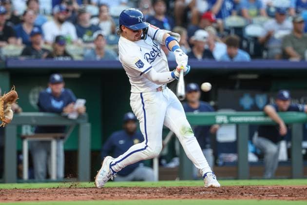 June 25, 2025: Kansas City Royals shortstop Bobby Witt Jr. (7) hits a double against the Tampa Bay Rays during the sixth inning at Kauffman Stadium in Kansas City, MO. CSM Kansas City United States of America - ZUMAc04_ 20250625_zma_c04_020 Copyright: xDavidxSmithx