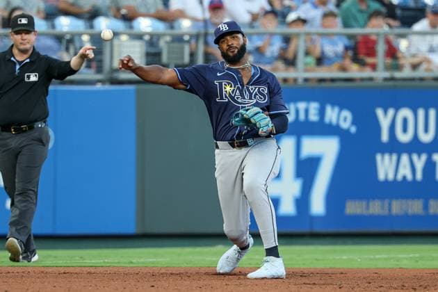 June 25, 2025: Tampa Bay Rays third baseman Junior Caminero (13) throws to first for the out on Kansas City Royals catcher Salvador Perez (13) during the seventh inning at Kauffman Stadium in Kansas City, MO. CSM Kansas City United States of America - ZUMAc04_ 20250625_zma_c04_031 Copyright: xDavidxSmithx