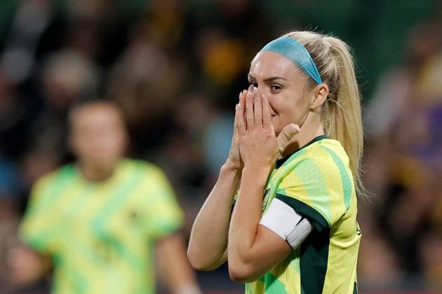 SOCCER AUSTRALIA SLOVENIA, Ellie Carpenter of of Australia reacts during the Women s friendly soccer match between Australia and Slovenia at HBF Park in Perth, Thursday, June 26, 2025. ( NO ARCHIVING Perth Western Australia Australia  Copyright: xRichardxWainwrightx 20250626173266742920