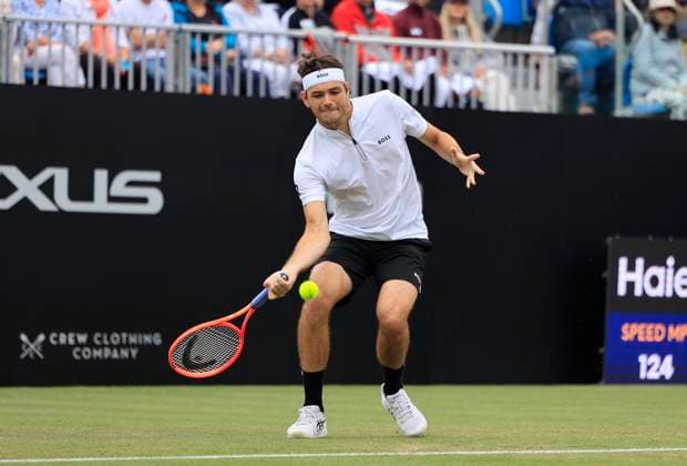 26th June 2025; Devonshire Park, Eastbourne, East Sussex, England; Lexus International Eastbourne, Day 4; Taylor Fritz (USA) plays a backhand shot against Joao Fonseca (BRA)  ActionPlus12805527 HongboxChen