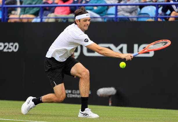 26th June 2025; Devonshire Park, Eastbourne, East Sussex, England; Lexus International Eastbourne, Day 4; Taylor Fritz (USA) plays a backhand shot against Joao Fonseca (BRA)  ActionPlus12805532 HongboxChen