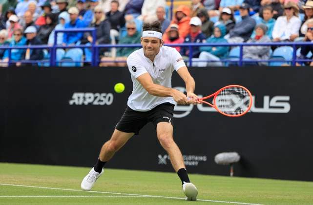 26th June 2025; Devonshire Park, Eastbourne, East Sussex, England; Lexus International Eastbourne, Day 4; Taylor Fritz (USA) plays a backhand shot against Joao Fonseca (BRA)  ActionPlus12805533 HongboxChen