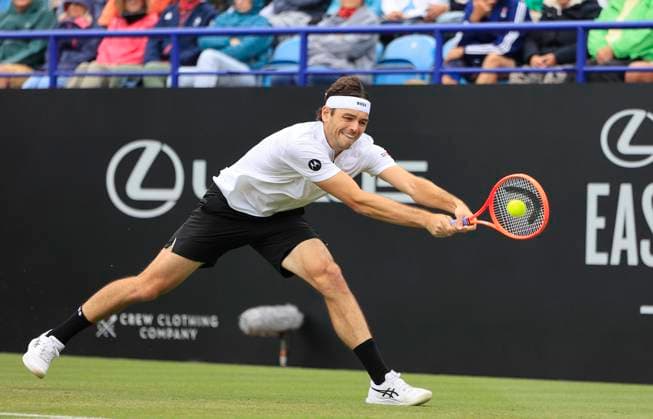 26th June 2025; Devonshire Park, Eastbourne, East Sussex, England; Lexus International Eastbourne, Day 4; Taylor Fritz (USA) plays a backhand shot against Joao Fonseca (BRA)  ActionPlus12805534 HongboxChen