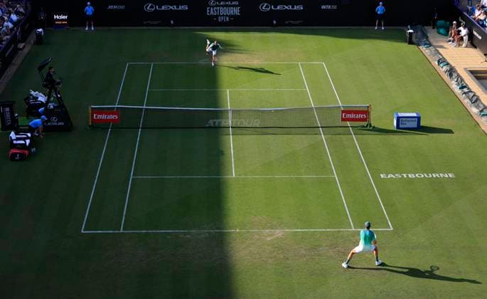 25th June 2025; Devonshire Park, Eastbourne, East Sussex, England; Lexus International Eastbourne, Day 3; Daniel Evans (GBR) serves to Tommy Paul (USA)  ActionPlus12805555 HongboxChen