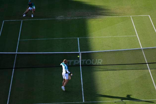 25th June 2025; Devonshire Park, Eastbourne, East Sussex, England; Lexus International Eastbourne, Day 3; Daniel Evans (GBR) plays a forehand shot against Tommy Paul (USA)  ActionPlus12805557 HongboxChen