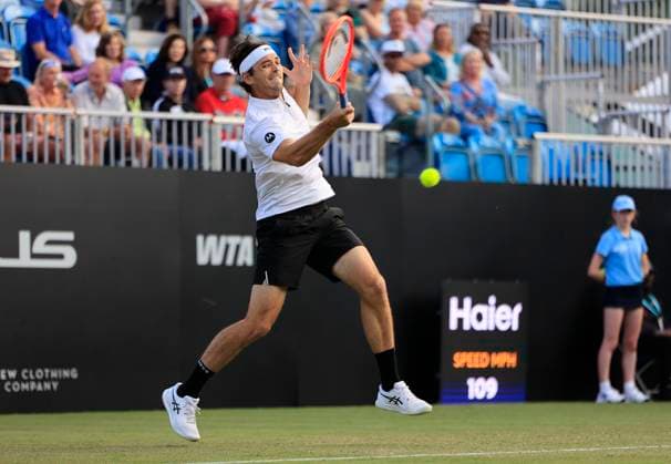 25th June 2025; Devonshire Park, Eastbourne, East Sussex, England; Lexus International Eastbourne, Day 3; Taylor Fritz (USA) plays a forehand shot against Joao Fonseca (BRA)  ActionPlus12805572 HongboxChen