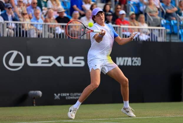 25th June 2025; Devonshire Park, Eastbourne, East Sussex, England; Lexus International Eastbourne, Day 3; Joao Fonseca (BRA) plays a forehand shot against Taylor Fritz (USA)  ActionPlus12805574 HongboxChen