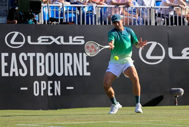 25th June 2025; Devonshire Park, Eastbourne, East Sussex, England; Lexus International Eastbourne, Day 3; Tommy Paul (USA) plays a forehand shot against Daniel Evans (GBR)  ActionPlus12805546 HongboxChen