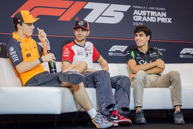 FORMULA 1 - GP of Austria 2025 SPIELBERG,AUSTRIA,26.JUN.25 - MOTORSPORTS, FORMULA 1 - Grand Prix of Austria, Red Bull Ring, preview, press conference, PK, Pressekonferenz Image shows Oscar Piastri (AUS McLaren), Esteban Ocon (FRA Haas) and Gabriel Bortoleto (BRA Kick Sauber).  GEPAxpictures xMatthiasxTrinkl