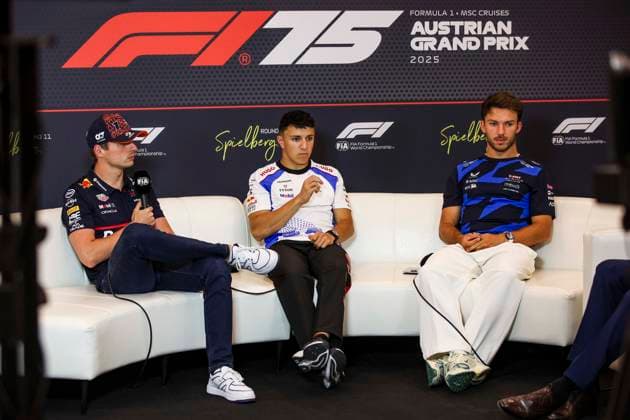 F1 - AUSTRIAN GRAND PRIX 2025 VERSTAPPEN Max (ned), Red Bull Racing RB21, portrait GASLY Pierre (fra), Alpine F1 Team A525, portrait HADJAR Isack (fra), Visa Cash App RB F1 Team VCARB02, portrait during the press conference, PK, Pressekonferenz of Formula 1 MSC Cruises Austrian Grand Prix 2025, 11th round of the 2025 FIA Formula One World Championship, WM, Weltmeisterschaft from June 27 to 29, 2025 on the Red Bull Ring, in Spielberg, Austria - SpielbergAustria Copyright: xXavixBonillax