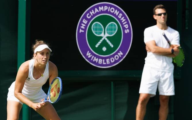 Belgian Elise Mertens and her coach Christopher Herman pictured in action during the afternoon training session the 2025 Wimbledon grand slam tennis tournament at the All England Tennis Club, in south-west London, Britain, Thursday 26 June 2025. BENOITxDOPPAGNE  x127859075x
