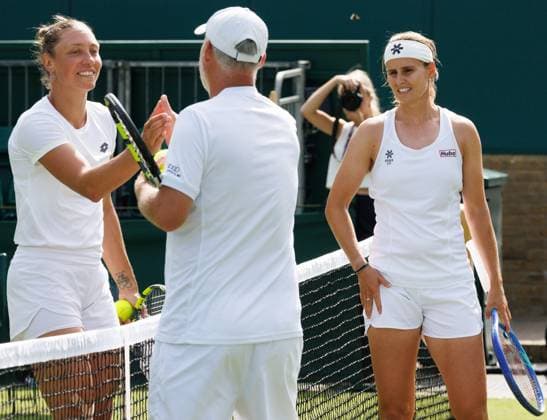 Belgian Yanina Wickmayer and Belgian Greet Minnen pictured in action during the afternoon training session the 2025 Wimbledon grand slam tennis tournament at the All England Tennis Club, in south-west London, Britain, Thursday 26 June 2025. BENOITxDOPPAGNE  x127859592x