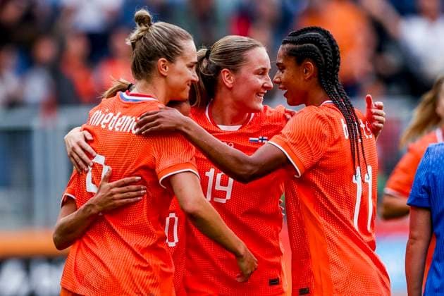 Vivianne Miedema of the Netherlands celebrates with teammates after scoring her teams first goal Netherlands v Finland, , Netherlands v Finland, Kooi Stadion, June 26, 2025, Leeuwarden, Netherlands.