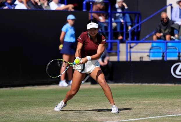 26th June 2025; Devonshire Park, Eastbourne, East Sussex, England; Lexus International Eastbourne, Day 4; Alexandra Eala (PHI) plays a backhand shot against Dayana Tastremska (UKR)  ActionPlus12805652 HongboxChen