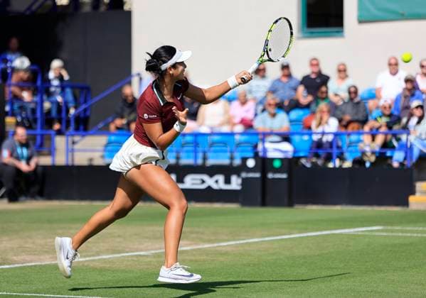 26th June 2025; Devonshire Park, Eastbourne, East Sussex, England; Lexus International Eastbourne, Day 4; Alexandra Eala (PHI) plays a forehand shot against Dayana Tastremska (UKR)  ActionPlus12805653 HongboxChen