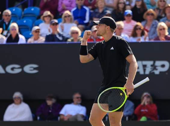 26th June 2025; Devonshire Park, Eastbourne, East Sussex, England; Lexus International Eastbourne, Day 4; Davidovich Fokina (ESP) shows emotion in the match against Alejandro Jakub Mensik (CZE)  ActionPlus12805675 HongboxChen