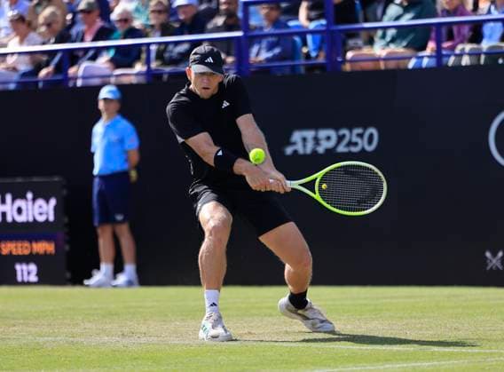 26th June 2025; Devonshire Park, Eastbourne, East Sussex, England; Lexus International Eastbourne, Day 4; Davidovich Fokina (ESP) plays a backhand shot against Alejandro Jakub Mensik (CZE)  ActionPlus12805677 HongboxChen