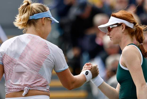 26th June 2025; Devonshire Park, Eastbourne, East Sussex, England; Lexus International Eastbourne, Day 4; Anna Blinkova shakes hands with Maya joint (AUS) after the match  ActionPlus12805739 HongboxChen